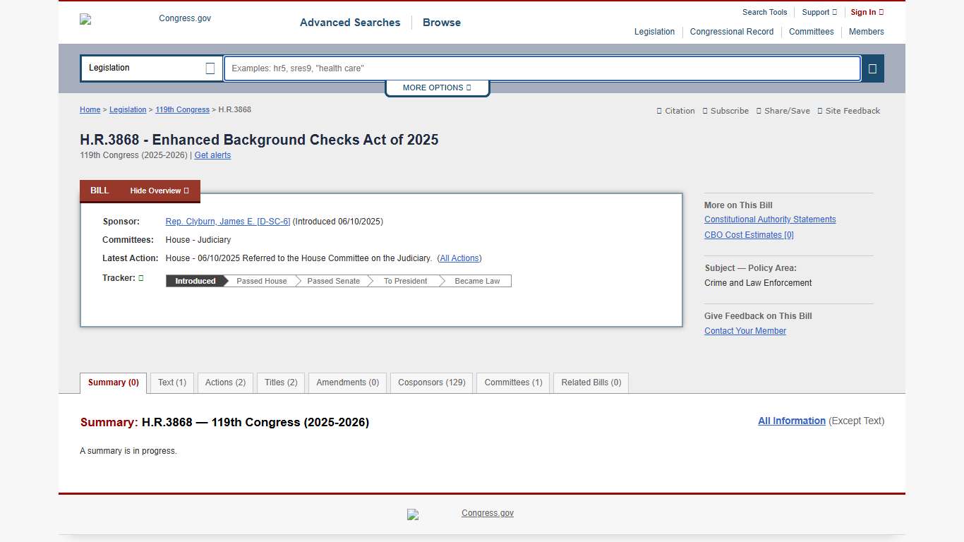 H.R.3868 - 119th Congress (2025-2026): Enhanced Background Checks Act of 2025 Congress.gov Library of Congress